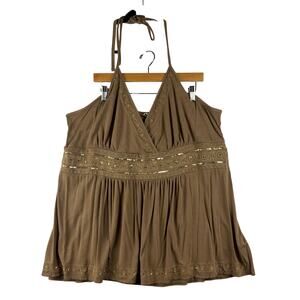 Y2K Brown Babydoll Halter Tank Blouse Sequin Women’s Measured 2/3X Embroidered